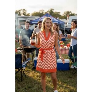 Mud Pie Womens Orange White Chevron Sleeveless Belted Dress Size Small